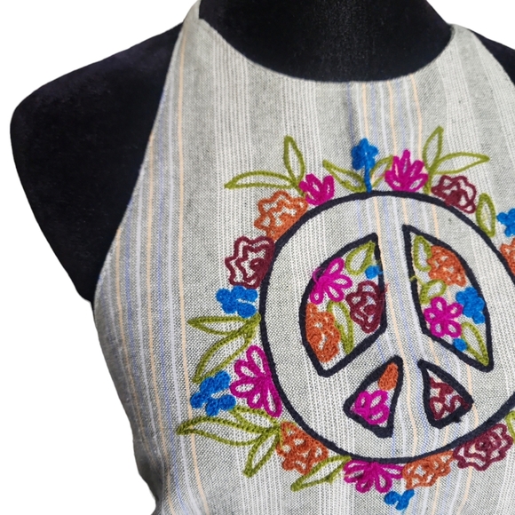 Wylder trading co Hippie embroidered peace sign cotton striped tie up top - Picture 3 of 9